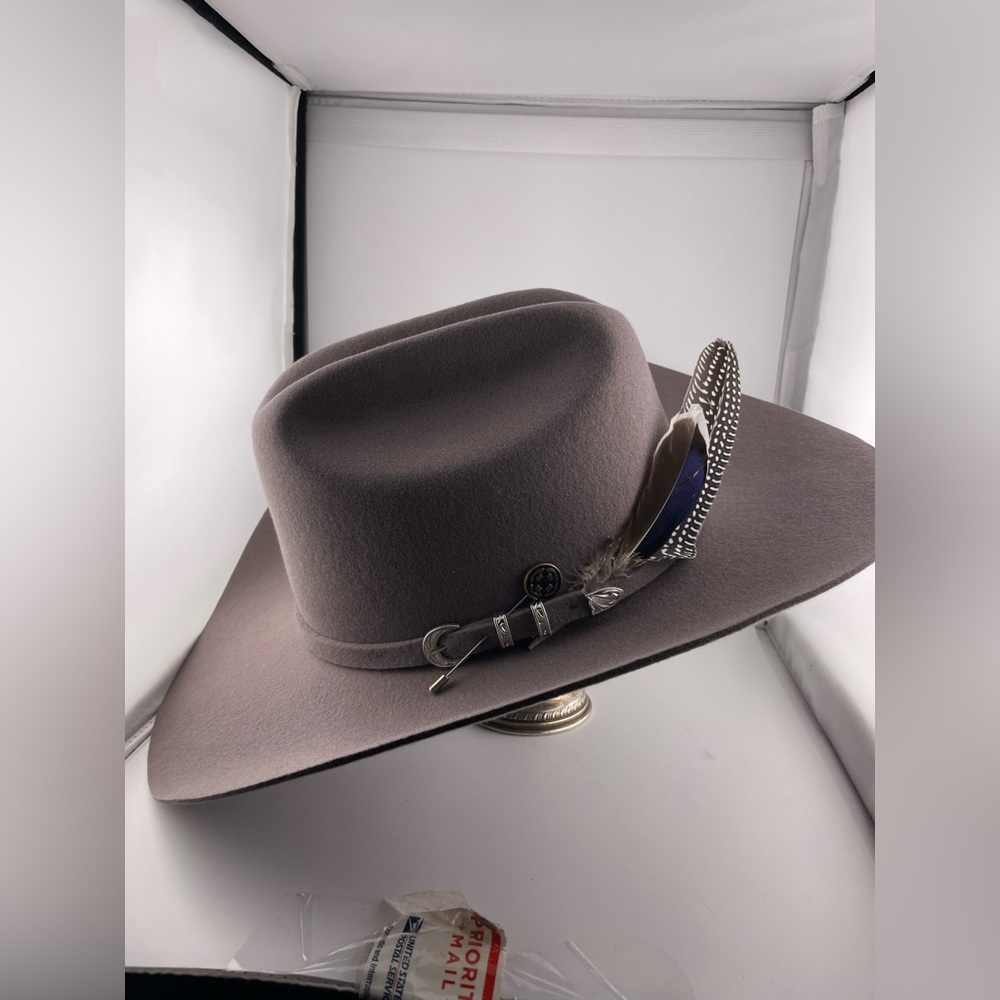Neutral Gray Felt Rancher Hat with Feather Accent